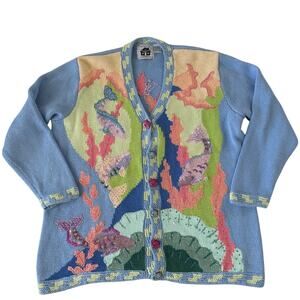 Vintage Storybook Knits Ocean Fantasy Cardigan Fish Sea Hand Knit Cottagecore 1X